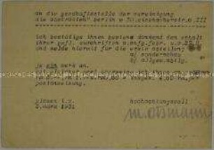 Postkarte des Graphikers Max Eismann an die Künstlervereinigung "Die Abstrakten" zur Großen Berliner Kunstausstellung 1931 - Sachkonvolut