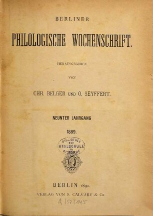 Berliner philologische Wochenschrift. 9. 1889 (1890)