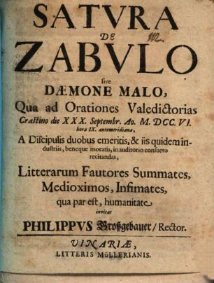 Satura de zabulo, sive daemone malo : qua ad orationes valedictorias ... invitat Philippus Großgebauer