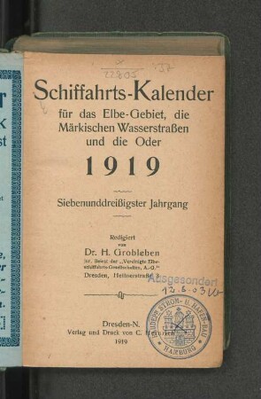 37.1919: Schiffahrts-Kalender für das Elbe-Gebiet und die Märkischen Wasserstrassen