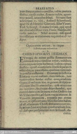 Optimarium artium, in iisque historiarum cultoribus S. P. Christophorus Heidman