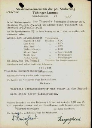 Schwarzenberger, Theresia, geb. Reinhardt