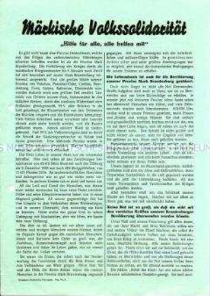 Erläuterungen zur Nachkriegssituation in der Mark Brandenburg und Aufruf zur Schaffung von Komitees der märkischen Volkssolidarität