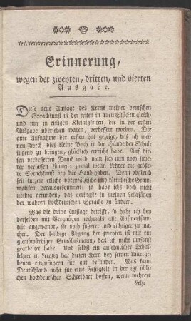 Erinnerung, wegen der zweyten, dritten, und vierten Ausgabe.