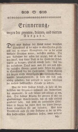 Erinnerung, wegen der zweyten, dritten, und vierten Ausgabe.