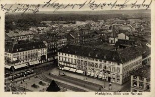 Postkartenalbum mit Motiven von Karlsruhe. "Karlsruhe. Marktplatz, Blick vom Rathaus"