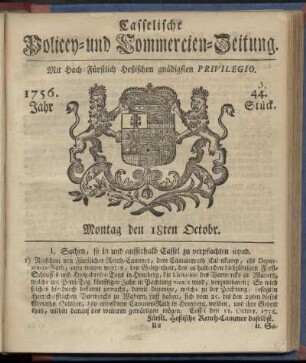 44 [i.e. 43]. Stueck, Montag den 18ten Octobr. 1756