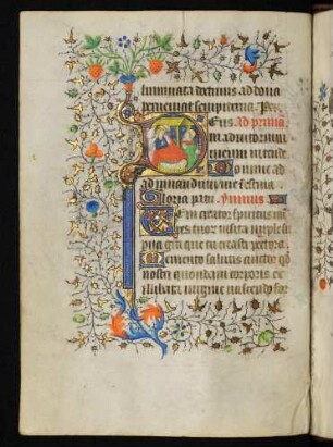 Initiale D, historisiert (Geburt Christi), mit Fadenrankenbordüre