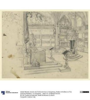Inneres der Schlosskirche zu Königsberg, Skizze mit Notizen zu "Die Krönung Wilhelms I. in Königsberg"
