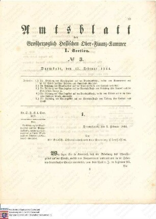 Verordnung: Ab 1. April 1844 soll das Chausseegeld auf der Straße von Dieburg über [Groß-]Umstadt nach Höchst erhoben werden