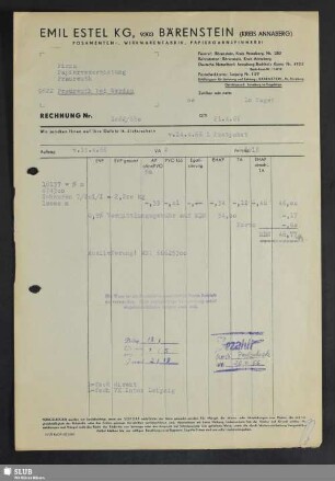 Emil Estel KG, Bärenstein (Kreis Annaberg), Posamenten-, Wirkwarenfabrik, Papiergarnspinnerei : Rechnung