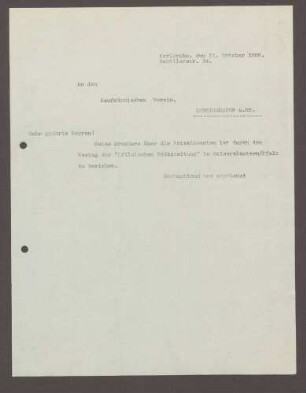 Korrespondenz zwischen dem Kaufmännischen Verein Ludwigshafen am Rhein und Hermann Hummel Bitte um die Zusendung des Vortrages 'Zur Lage der Privatbeamten in Deutschland', 2 Schreiben