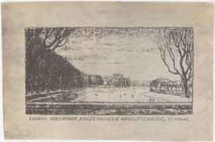 Volkspark Jungfernheide, Berlin-Charlottenburg: Perspektivische Ansicht: Blick über den Südkanal auf den Unterstandspavillon
