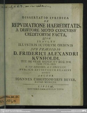 Dissertatio Iuridica De Repudatione Haereditatis, A Debitore Moto Concursu Creditorum Facta