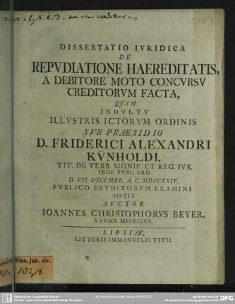 Dissertatio Iuridica De Repudatione Haereditatis, A Debitore Moto Concursu Creditorum Facta