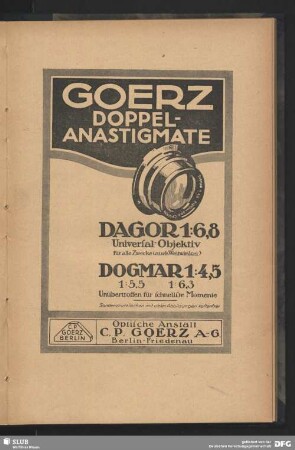Werbung: Goerz Doppel-Anastigmate, Optische Anstalt C.P. Goerz A.-G., Berlin-Friedenau