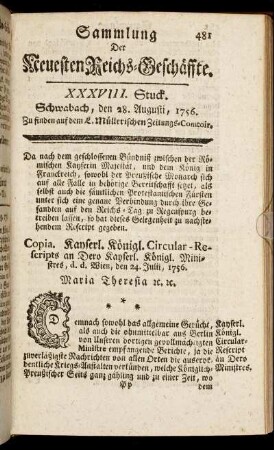 XXXVIII. Stuck. Schwabach, den 28. Augusti, 1756.
