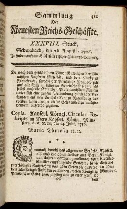 XXXVIII. Stuck. Schwabach, den 28. Augusti, 1756.