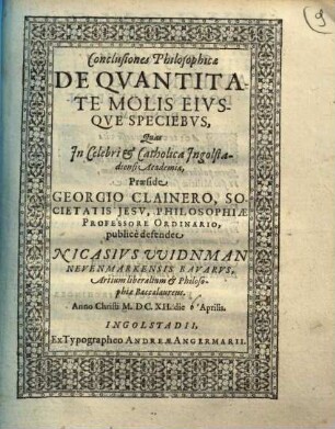 Conclusiones philosophicae de quantitate molis eiusque speciebus
