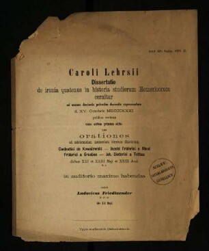 Caroli Lehrsii dissertatio de ironia quatenus in historia studiorum Homericorum cernitur ...