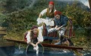 Frauen in russisch-polnischer Volkstracht beim Wäschewaschen am Fluss (zweisprachig)