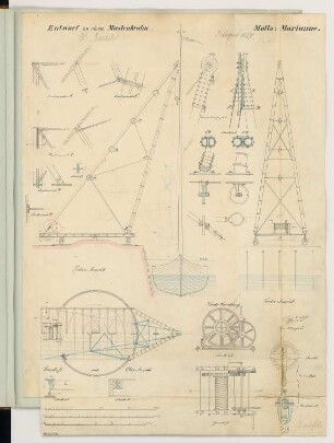 Mastenkran Monatskonkurrenz August 1867: Grundriss, Aufriss Vorderansicht, Seitenansicht, zahlreiche Konstruktionsdetails; 3 Maßstabsleisten