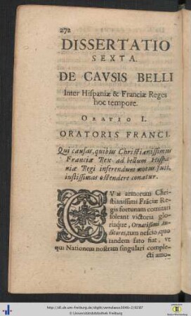 Dissertatio VI. De Causis Belli inter Hispaniae & Franciae Reges hoc tempore.