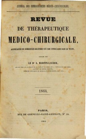 Revue de thérapeutique medico-chirurgicale. 1864 = A. 31