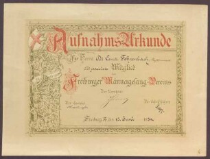 Aufnahmeurkunde in den Freiburger Männergesangsverein für Constantin Fehrenbach