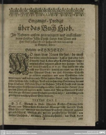 Eingangs-Predigt über das Buch Hiob