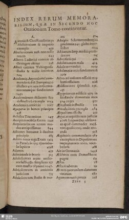 Index Rerum Memorabilium, Quae in Secundo Hoc Orationum Tomo continentur