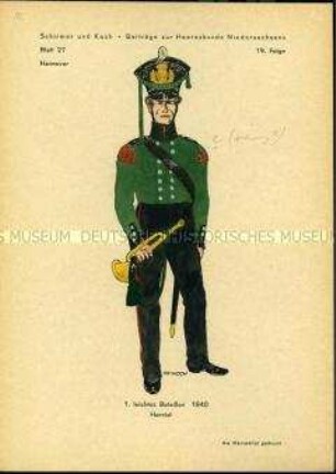 Uniformdarstellung, Hornist des 1. Leichten Bataillons, Königreich Hannover, 1840.