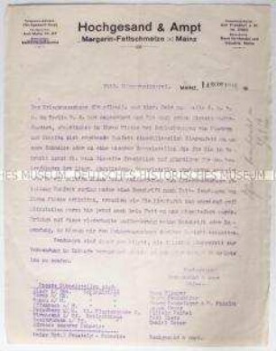 Schreiben einer Lebensmittel-Firma zu Versorgungsfragen im 1. Weltkrieg
