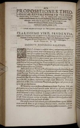 Clarissimo Viro, Prudentia, Eruditione Et Virtute Praestanti D. Paulo Prætorio, ... Patrono suo, S. D. Jacobus Eisenberg Halensis.