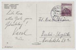 Ansichtspostkarte von Raoul Hausmann an Vera Hausmann. [Poststempel: Praha]