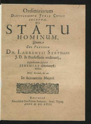 Ordinariarum Disputationum Iuris Civilis Secunda, De Statu Hominum