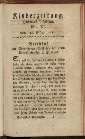 Kinderzeitung. Siebendes Bändchen. Nro. XI. vom 18. März. 1782.