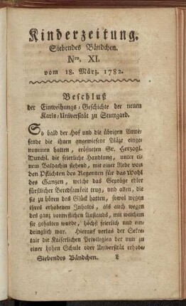 Kinderzeitung. Siebendes Bändchen. Nro. XI. vom 18. März. 1782.