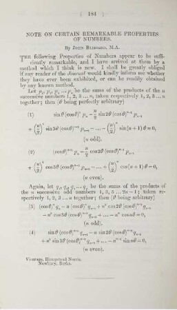 Note on certain remarkable properties of numbers.
