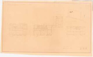 Gartenanlage Kinderheim Wilmsen, Ilmenau: Kinderheim: Lageplan 1:1000., Grundriss Kellergeschoss, Erdgeschoss, Dachgeschoss 1:100