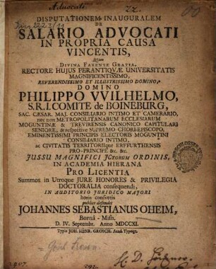 Disputationem Inauguralem De Salario Advocati In Propria Causa Vincentis