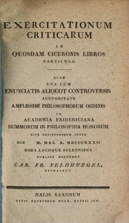 Exercitationum criticarum in quosdam Ciceronis libros particula
