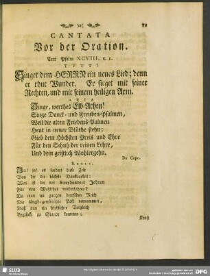 Cantata Vor der Oration. Text Psalm XCVIII. v. I.