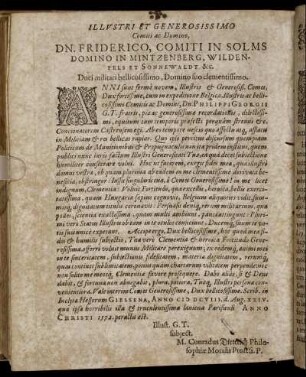 Illustri Et Generosissimo Comiti ac Domino Dn. Friderico, Comiti In Solms Domino In Mintzenberg, Wildenfels Et Sonnewaldt & c.