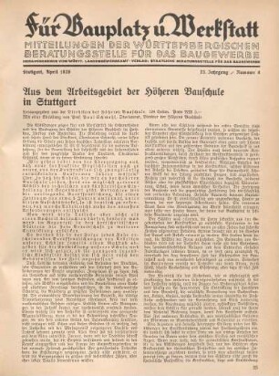 Aus dem Arbeitsgebiet der Höheren Bauschule in Stuttgart