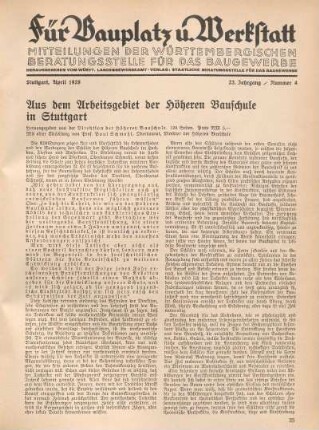 Aus dem Arbeitsgebiet der Höheren Bauschule in Stuttgart