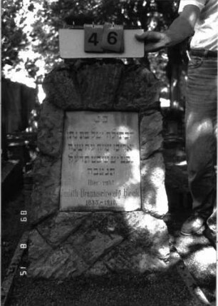 Grabstein 46 (Index: 100105497) Material: Muschelkalk, weiße Marmorplatte Zustand: gut Maße HxBxT: 103x46x24 cm Beschreibung: Stele, rustica, konische Schriftplatte mit geradem Abschluß: Grabstein 46