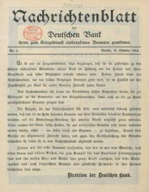 1.1914: Nachrichtenblatt der Deutschen Bank