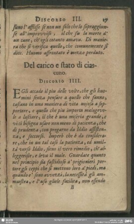 Del carcio e stato die ciascuno. Discorso IIII.