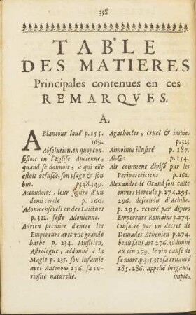 Table de matieres principales contenues en ces Remarqves.
